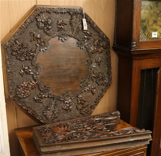 An Indian carved hardwood octagonal folding table W.74cm